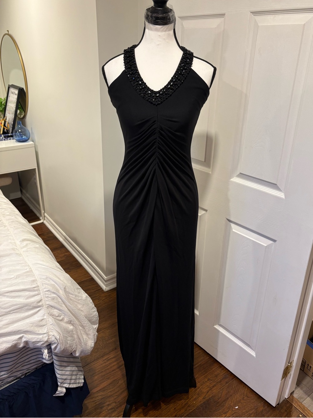 Joseph Ribkoff Black Beaded Ruched Maxi Evening Dress Size 6